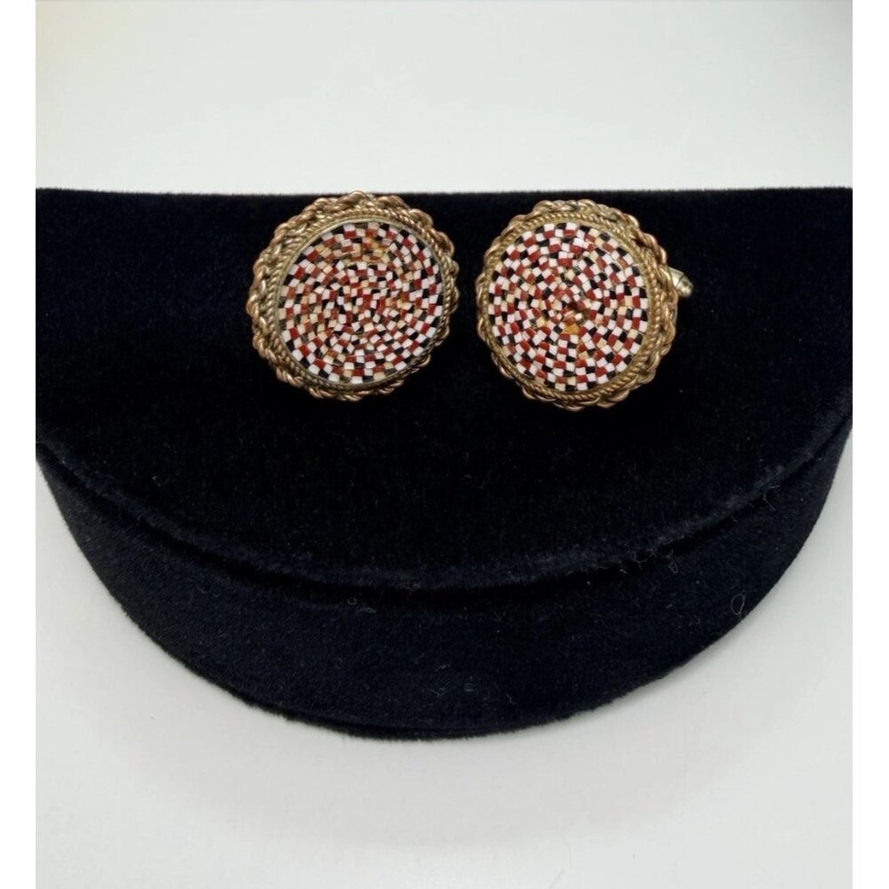 Vintage 1950s Dante Micro Mosaic Round Gold Tone Cufflinks Italy Statement Rare